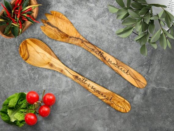 Personalized Rustic Olive Wood Salad Server Set