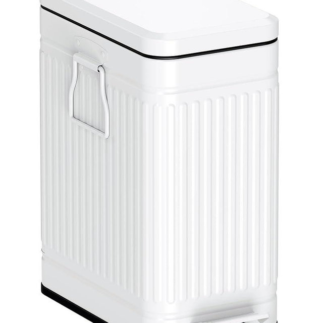 GibHerz Small Bathroom Trash Can with Lid Soft Close, 6L / 1.6 Gallon Stainless Steel Small Garbage Can with Step Pedal, Slim Waste Basket for Bedroom, Toilet, Office - White