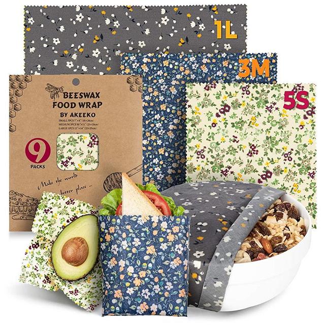 Reusable Beeswax Wraps Assorted 9 Packs - Eco-Friendly Reusable Food Wraps, Biodegradable, Zero Waste, Organic, Sustainable Bees Wax, Plastic-Free Food Storage, 5S, 3M, 1L w/Flora Pattern