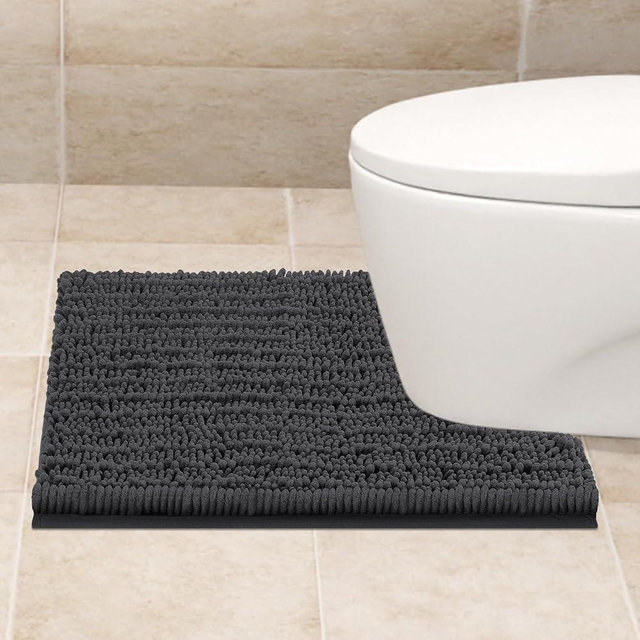 ACCUMTEK Upgrade Luxury Grey Toilet Bathroom Rug Mat 24" x 20" Contour Rug, Ultra Soft Thick Absorbent Bath Mats, Non Slip Chenille Toilet Mat for Bathroom, Bedroom, Kitchen, Shower, Tub, Charcoal