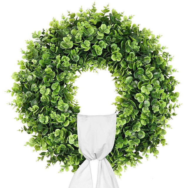 Vlorart 24 Inch Boxwood Wreath, Artificial Boxwood Wreath Front Door Wreaths Artificial Spring Summer Greenery Hanging with A Plaid Bowand Sash for Front Door Wall Hanging