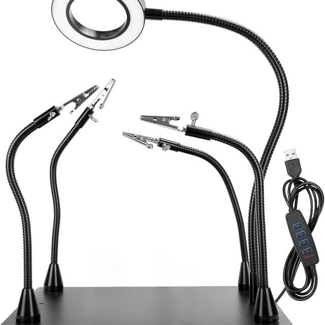 Helping Hands Soldering, PCB Holder Soldering Station Third Hand Tool with 5X Magnifying Glass with Light, 4 Arms Helping Hands Non-Slip Steel Weighted Base for Welding