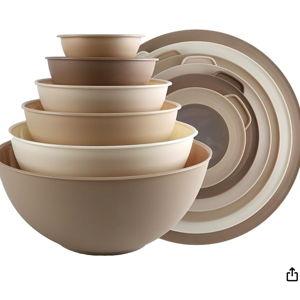 COOK WITH COLOR Mixing Bowls with TPR Lids - 12 Piece Plastic Nesting Bowls Set includes 6 Prep Bowls and 6 Lids, Microwave Safe (Brown)