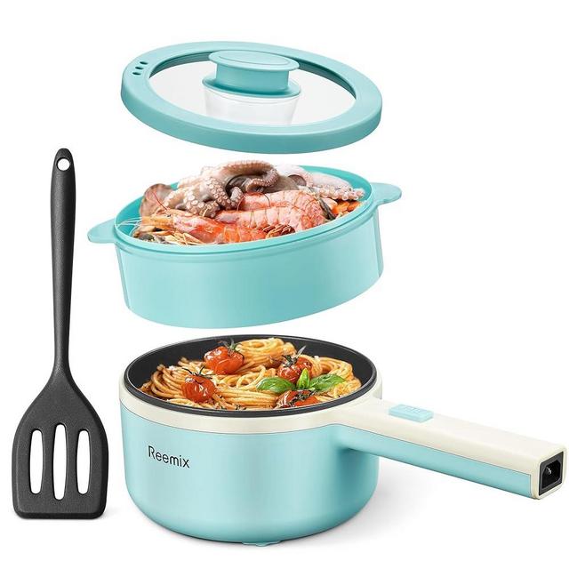 Reemix Hot Pot Electric With Steamer, 1.6L Ramen Cooker Non-Stick Sauté Pan for Steak, Egg, Fried Rice, Ramen, Oatmeal, Soup, Portable Personal Perfect Suit Dorm Room and Apartment (Aqua), JK508