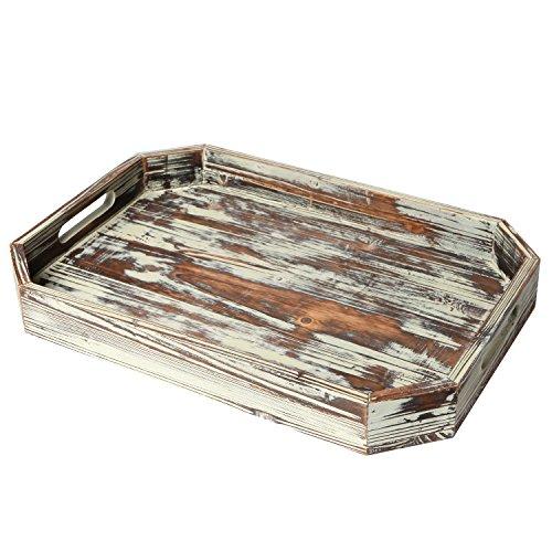 MyGift Rustic Torched Wood Serving Breakfast Tray, Coffee Server with Cut-out Handles and Angled Edges