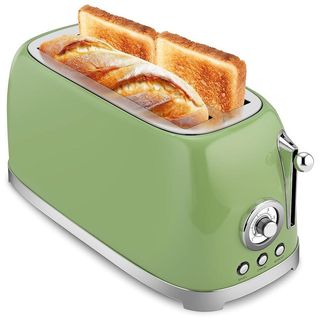 SUSTEAS Toaster 4 Slice Wide Slot, Stainless Steel Bread Bagel Toasters, Retro Long Slot Tostadora for Defrost, Reheat, Removable Crumb Tray, 1500W, 6 Browning Settings, Green