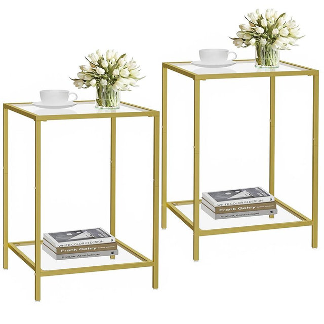 HOMSHO Side Tables Set of 2, End Table with Tempered Glass, 2-Tier Nightstands with Storage Shelves, Coffee Table with Modern Style, Square Sofa Table for Living Room, Bedroom, 15.7"D x 15.7"W, Golden