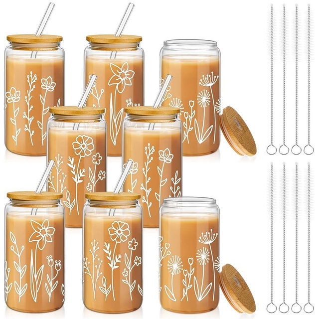 Mumufy 8 Pack Bridesmaid Proposal Gifts Boho Floral Iced Aesthetic Coffee Glass Cup 16 oz Drinking Glass with Bamboo Lid and Straw Cute Tumblers for Women Bridesmaid Wedding Party Favors