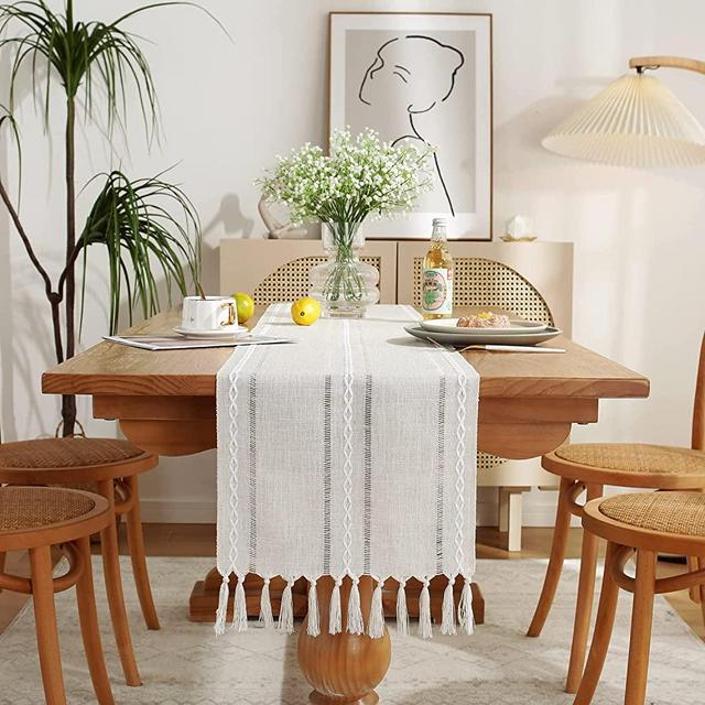 Rustic Farmhouse Style Linen Table Runner, Boho Embroidery Hemstitched Table Runners 108 inches Long with Tassels for Holiday Party and Dining Room Dresser Decor, 13 x 108 inch - Ivory