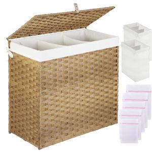 Greenstell Laundry Hamper with Lid, 125L Large Clothes Hamper with 3 Section & 2 Section Removable Liner Bags & 5 Mesh Laundry Bags, Handwoven Synthetic Rattan Divided Laundry Basket, Natural