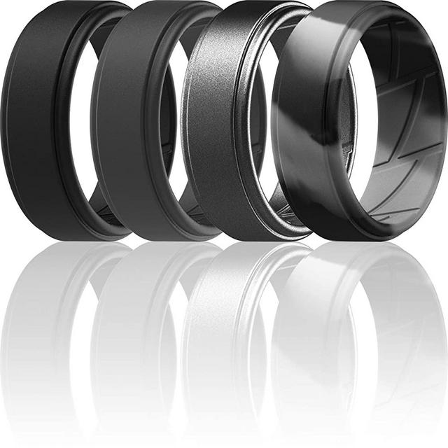 ThunderFit Silicone Wedding Rings for Men Breathable Airflow Inner Grooves - Step Edge Sleek Design Breathable Rubber Engagement Bands - 8mm Wide - 2mm Thick