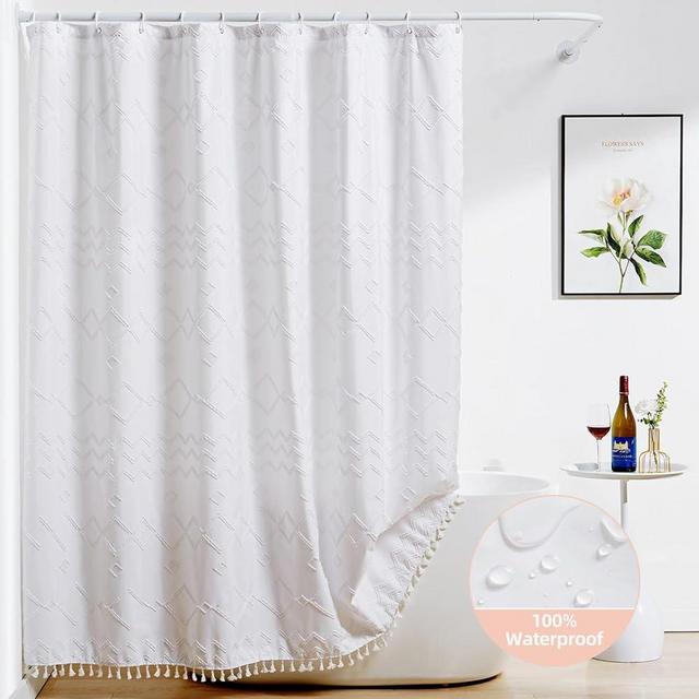White 100% Waterproof Fabric Shower Curtain or Liner with Tassels, Modern Boho Farmhouse Minimalist, Cute Modern Tufted Geometry Moroccan Shabby Chic Textured Shower Curtains for Bathroom, 72x72