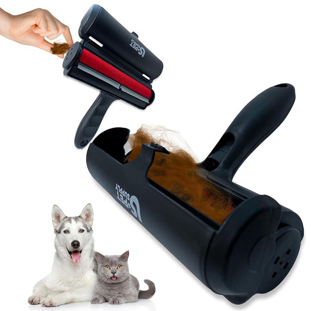 US PET SUPPLY Pet Hair Remover Roller-Reusable, Self Cleaning Lint Roller for Pet Hair Removal on Furniture, Carpets, Clothes & Car Seats-Dog & Cat Hair Remover No Sticky Tapes (Black)