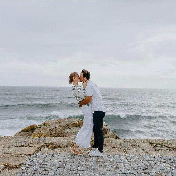 Katie and Mario after she said "yes" in Porto, Portgual in June 2023.