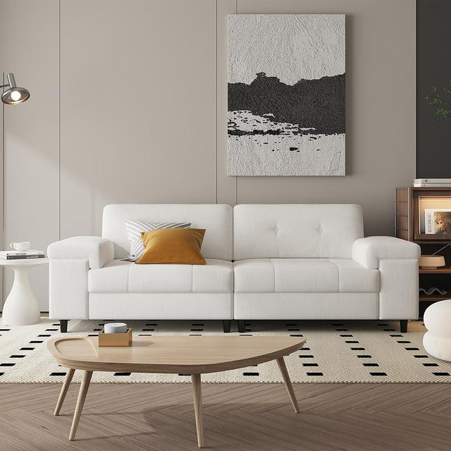 85 Inch Modern 3 Seater Sofa for Living Room, Deep Seat Chenille Couch with Adjustable Wide Armrest & Plush Backrest, Button Tufted Comfy Bedroom Sofa, Easy Assembly, Beige