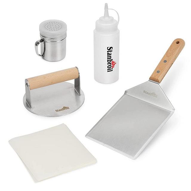 Stanbroil 5-Piece Professional Hamburger Tool Kit with Stainless Steel Round Burger Press, Grill Spatula, Spice Shaker, Squeeze Bottles and Hamburger Patty Paper for BBQ Grilling