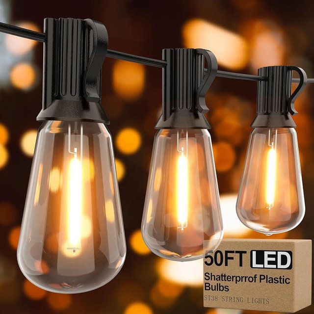 Apesaipu Outdoor String Lights 50ft ST38 Patio Lights with Waterproof Shatterproof 25(+2) LED Bulbs,Outside Hanging Vintage Edison Lights for Porch, Deck, Garden, Backyard, Balcony, 2700K Dimmable