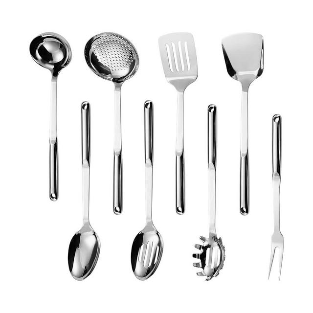 18/10 Stainless Steel Cooking Utensils Set, 8PCS Kitchen Utensils Set, Include Skimmer, Soup Ladle, Spaghetti Server, Wok Spatula, Slotted Spoon, Solid Spoon, Slotted Spatula Turner & Meat Fork