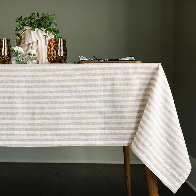 Solino Home Linen Tablecloth 60 x 120 Inch - Amalfi Stripe 100% Pure Linen Natural and White Table Cloth for Rectangle Tables - Machine Washable Tablecloth for Summer
