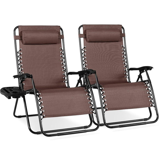 Best Choice Products Set of 2 Extra Wide Adjustable Steel Mesh Zero Gravity Lounge Chair Recliners w/Pillows and Cup Holder Trays - Brown