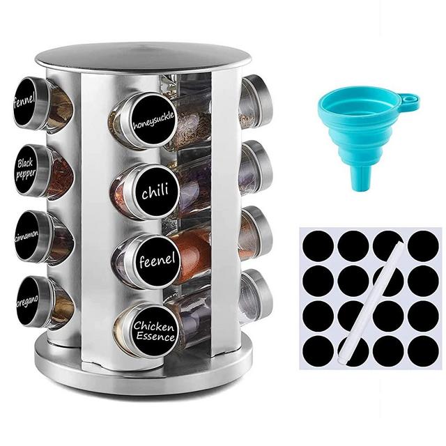 defway Spice Rack Organizer for Cabinet - Stainless Steel Seasoning Organizer for Kitchen with Reuseable Labels and Funnel, 16 Jars (Round)
