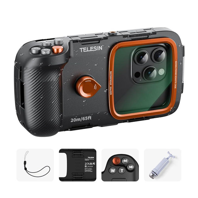 TELESIN Underwater Snorkeling Diving Phone Waterproof Case Universal Underwater Photo & Video Diving Housing Handle Grip for iPhone 16 15 14 13 12 11 Pro Max/XS/X Samsung Galaxy and Most Phones Black