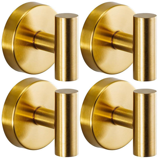 Fenas Suction Cup Hooks for Shower - Bathroom Reusable Hooks for Towels, Robes & Loofah - No-Drill Mounting on Kitchen,Walls,Metal,Glass,Mirrors,Tile & Smooth Non-Porous Surfaces (4, Brushed Gold)