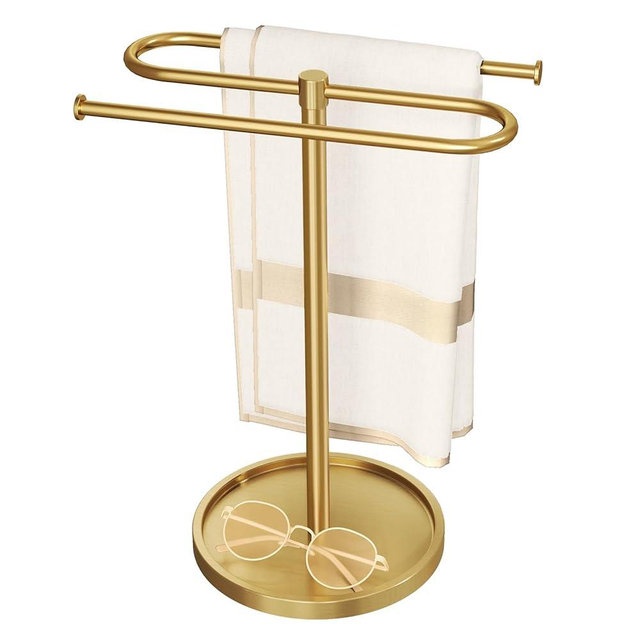 Bathroom Hand Towel Holder Stand Gold, S-Shape Countertop Towel Standing, Stainless Steel Towel Rack Bar Holds 2 Towels for Kitchen
