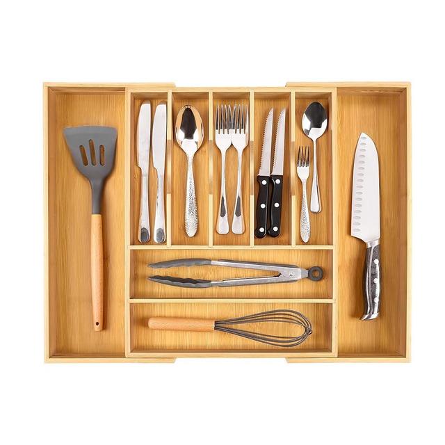 Bellsal Large Premium Bamboo Silverware Organizer - Expandable Utensil Drawer Organizer - 17"x19.6" Utensil Holder and Cutlery Tray with Grooved for Kitchen Flatware and Utensils(7-9 Slot, Natural)