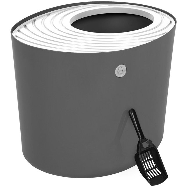 IRIS USA Round Top Entry Cat Litter Box Litter Particle Catching Cover and Privacy Walls with Scoop, Dark Gray/White