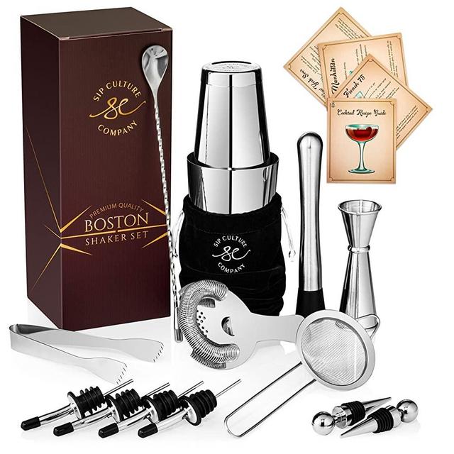 Premium Boston Shaker Set/Bartender Kit - Stainless Steel Cocktail Shaker Set with Carry Bag: Dishwasher Safe, Easy-Open Boston Shaker with Bar Tools + Recipe Guide for Drink Mixer Bartending