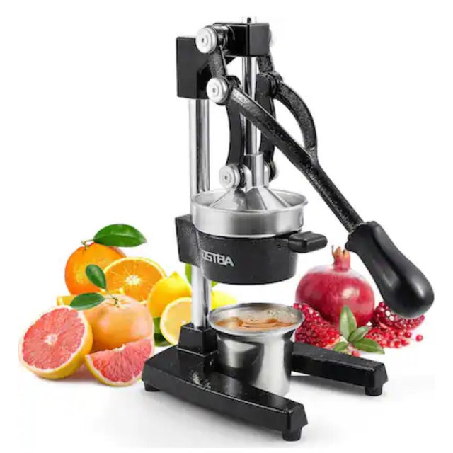 OSTBA - Cast Iron Manual Citrus Juicer, Commercial Hand Press for Orange, Lemon, Lime & Pomegranate with Steel Cup - Black