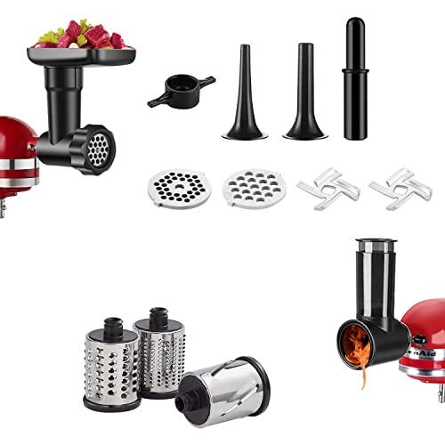 2 in 1 Slicer/Shredder & Food Grinder Attachment for KitchenAid Stand Mixers, Durable Accessory Set with 2 Sausage Stuffer Tubes, 3 Cutting Blades, 2 Grinding Plates, 2 Blades (Black)