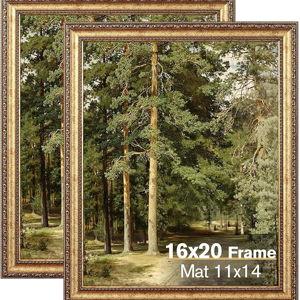 Splinterix 16x20 Gold Picture Frame, 2 Pack Ornate Vintage Picture Frames for Wall or Tabletop Display, 16x20 Photo Frame Gold with Plexialass, Display Poster 11x14 with Mat or 16x 20 without Mat for Antique Déco