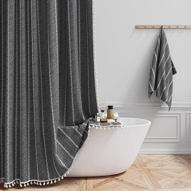 BTTN Boho Farmhouse Shower Curtain - Linen Rustic Striped Fabric Shower Curtain Set with Tassel, Water Repellent, Bohemian Vintage Country Cloth Shower Curtain for Bathroom, Charcoal Grey, 72x72