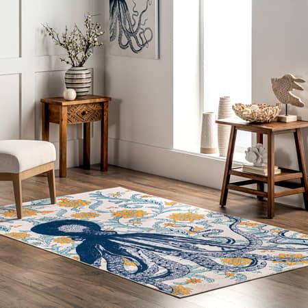Blue Molly Octopus Washable Area Rug