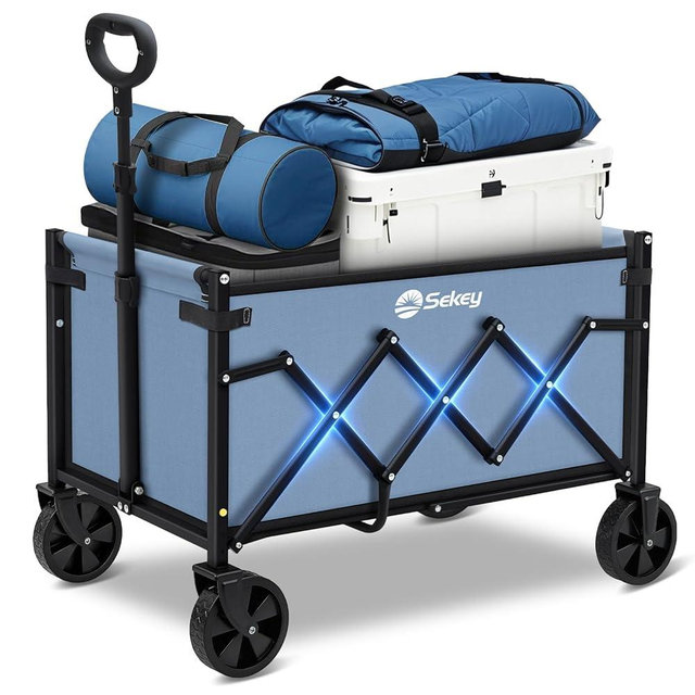 Sekey Wagon Cart with Wheels with 220LBS Capacity,Heavy Duty Wagon Carts Foldable with Drink Holders,Lightweight Utility Portable Cart for Grocery, Shopping, Garden, Camping. Blue