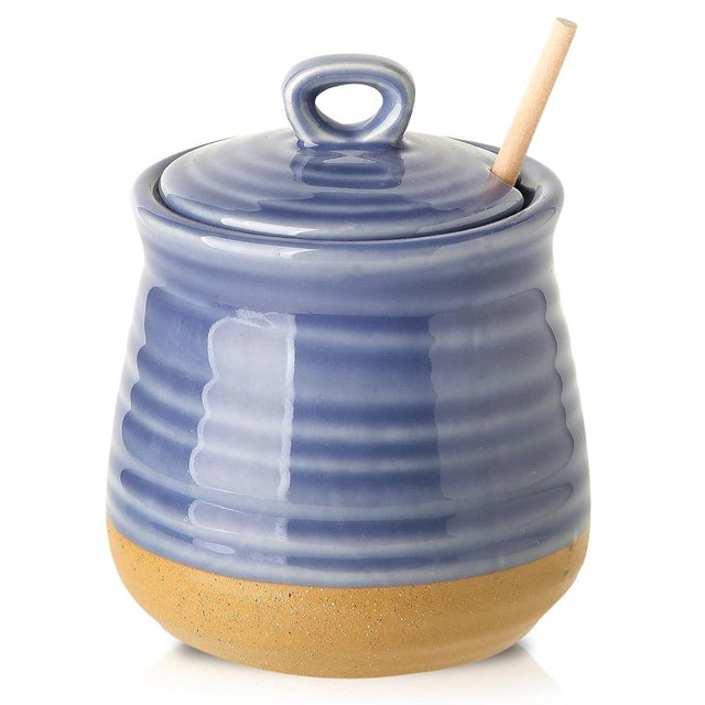 Hasense Honey Jar with Dipper, Ceramic Honey Dispenser Pot with Lid and Wooden Dipper, Vintage 12 oz Containers for Home Kitchen Coffee Bar Decor, Dishwasher Safe, Sky Blue
