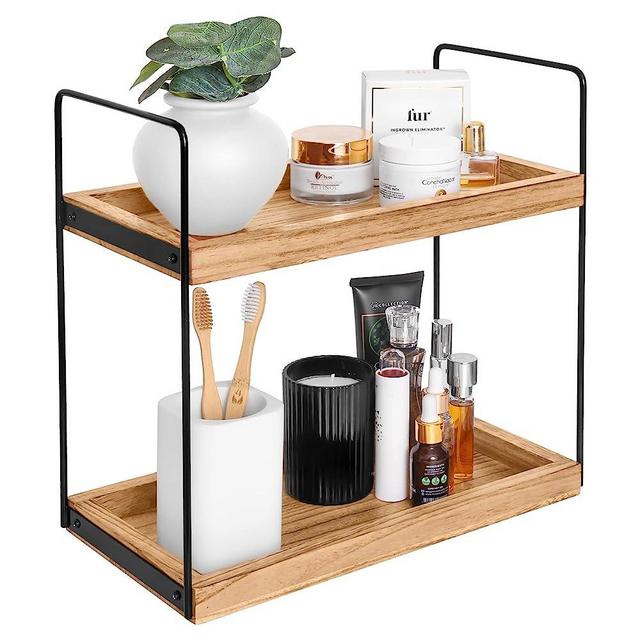Hidden Haven - Upgraded - 2 Tier Wooden Countertop Organizer Lightly Lacquered to Resist Water and Stains - Multi-Use Organizer - Bathroom Organizer, Kitchen Organizer (Natural Wood)