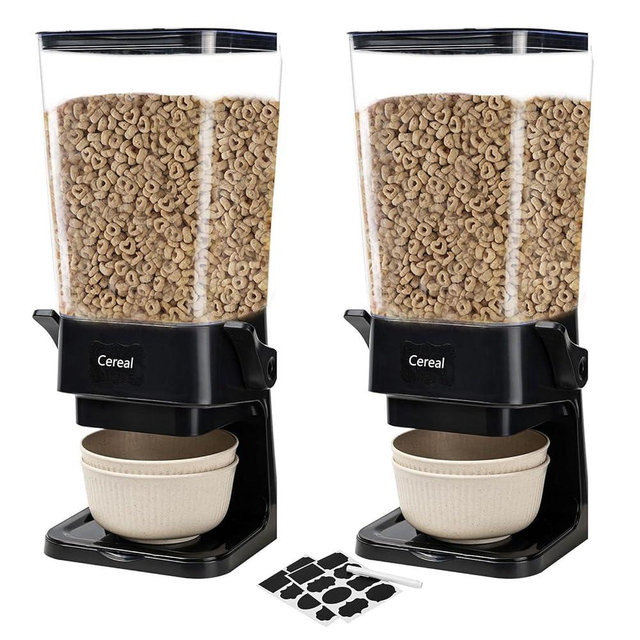 Qozzix Cereal Dispenser Countertop with Cereal Bowls,16 Labels & Pen, Cereal Containers Storage, Candy Dispenser, Dry Food Dispenser For Pantry - Not Easy to Crush Food (Black, 2 Pack)