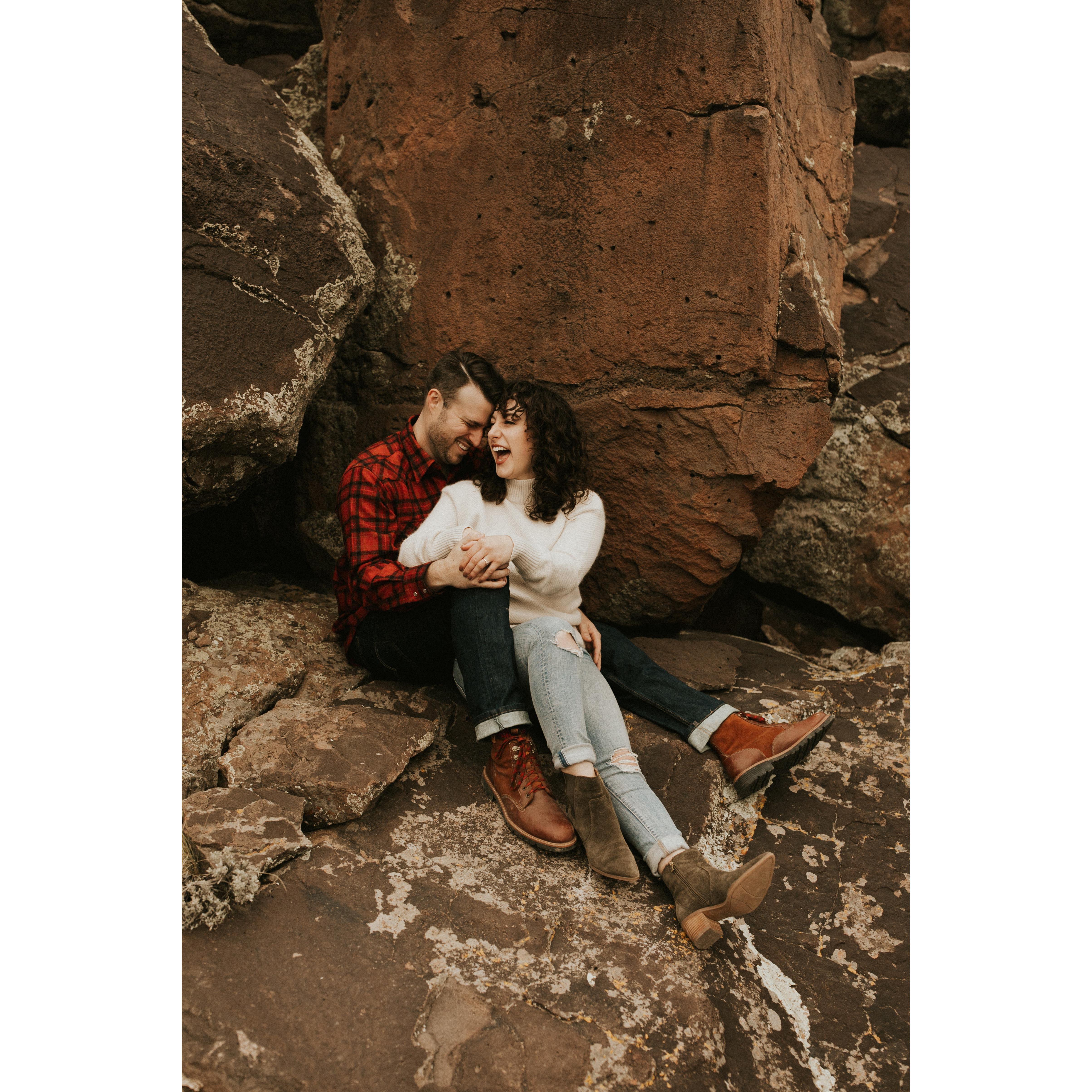 ENGAGEMENT:
Down by the Taos Gorge where we climbed with friends, explored, and where Brian detached a mountain goat's skull. (Supposedly a future wall-hanging..)