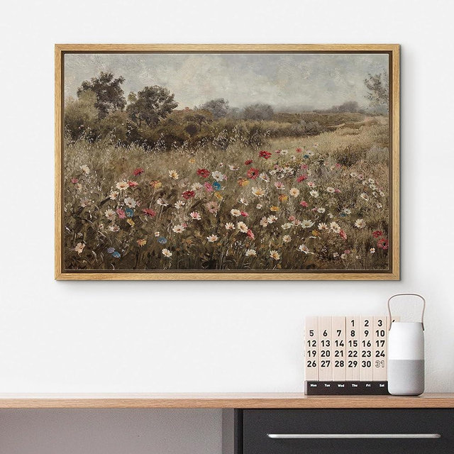 wall26 Framed Canvas Print Wall Art Pastel Watercolor Wild Flowers Nature Wilderness Illustrations Modern Art Decorative Country Farmhouse for Living Room, Bedroom, Office - 24"x36" Natural