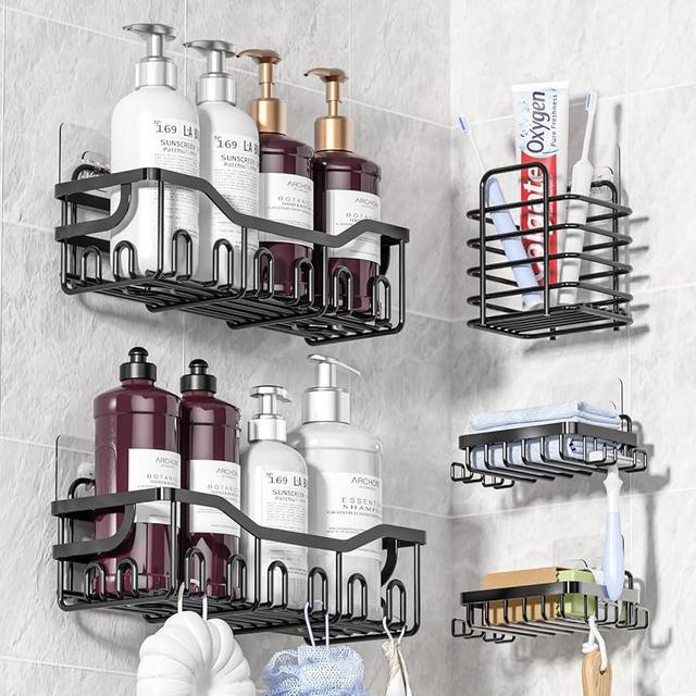 DAJYAWON Shower Caddy Adhesive, 5 Pack Bathroom Wall Organizer Shelves for Inside Shower, Black Shampoo Holder with Soap Rack&Storage Holder for Home Kitchen Decor