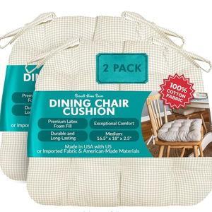 Barnett Home Decor Dining Chair Cushions with Ties – Size Medium 16.5 x 18 - Latex Foam Fill, 100% Cotton, Machine Washable Chair Pads for Kitchen Chairs, Made in USA (Madrid Natural/Pack of 2)