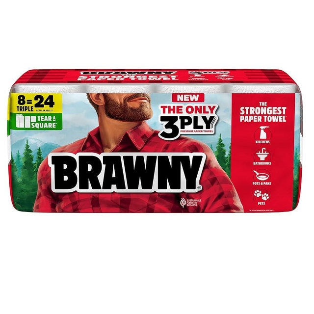 Brawny Tear-A-Square 3-Ply Paper Towels, 8 Triple Rolls = 24 Regular Rolls, Strong, Absorbent, and Durable with 3 Sheet Sizes (Quarter, Half, Full)