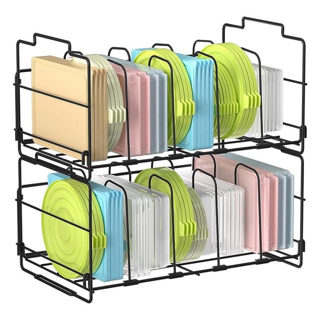 MAYZOLOP 2 Tiers Stack Metal Food Container Lid Organizer 10 Dividers Storage Container Lid Holder Rack for Cabinets, Cupboards, Pantry Shelves, Drawers to Keep Kitchen Tidy,Black