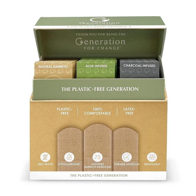 The Plant-Based Bandage by Generation For Change | 75 Biodegradable Bandages | Variety Pack - Aloe, Charcoal and Natural Bamboo | Plastic and Toxin Free | Stronger Adhesion | Sensitive Skin Friendly