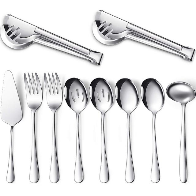 Serving Utensils Include Large Serving Spoons Slotted Serving Spoons Serving Forks Serving Tongs Soup Ladle and Pie Server Buffet Catering Serving Utensils for Dishwasher Safe (Silver, 10)