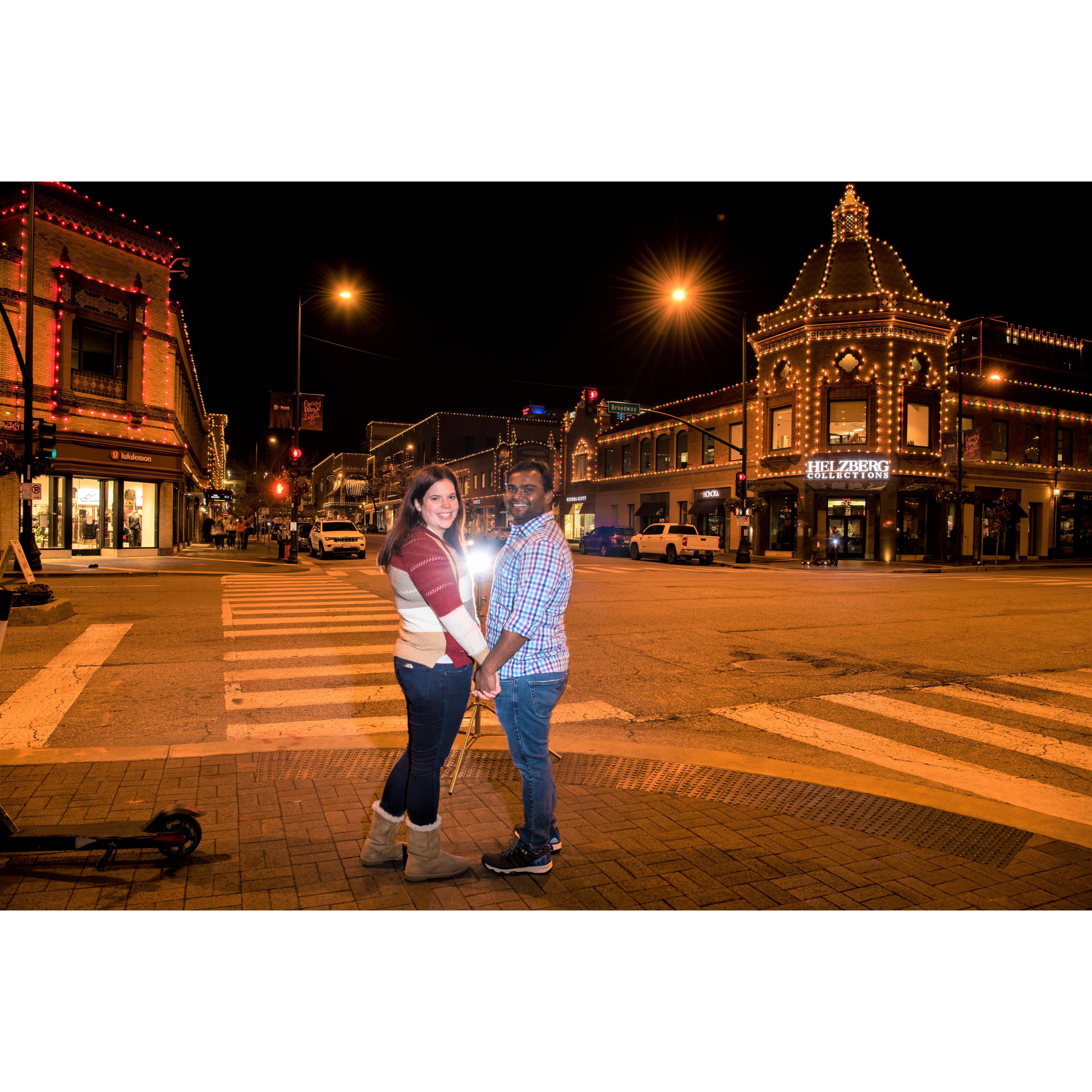 Engagement Photos at the Plaza with Christmas Lights. Photos by Vijay Ainapurapu.