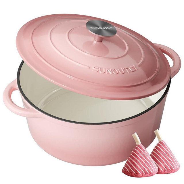 Enameled Cast Iron Dutch Oven - 4.5QT Dutch Oven Pot with Lid & Cotton Potholders - Heavy-Duty Non Stick Casserole Pot for Braising, Stews, Roasting, Baking, Suitable for All Stovetops, Gentle Pink